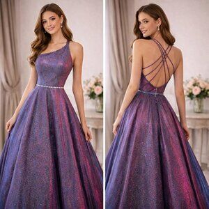 BLUSH PROM Galaxy Grad Dress Sparkling One-Shoulder Gown Multi Strap Back Size 2